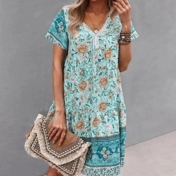 Blue multi print Floral Smock Dress - Picture 2 of 6